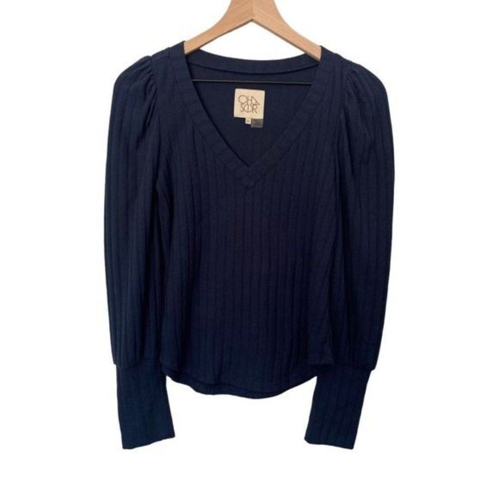 Chaser Extra Small XS Navy Blue Ribbed Knit Blouse Long Sleeve Puff Shoulder